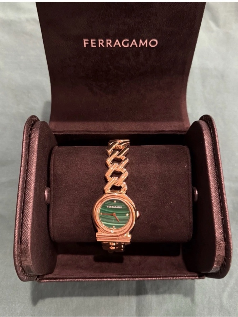 Salvatore Ferragamo Gancini Twisted Bracelet 28mm Watch Green Face